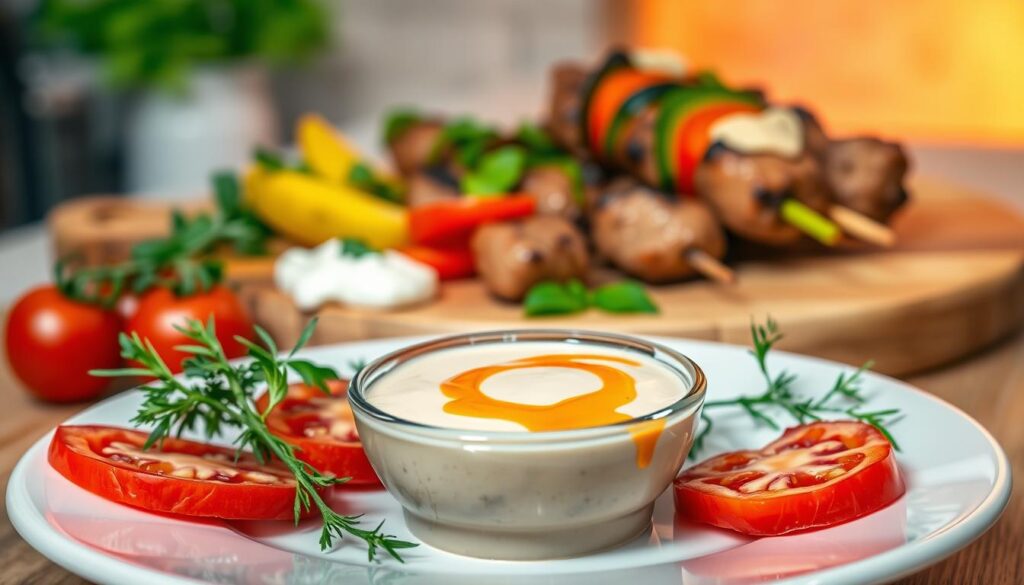 A beautifully arranged plate featuring a creamy, mild kebab sauce surrounded by fresh ingredients. In the foreground, a small bowl filled with the sauce displays its smooth texture and a drizzle on top, highlighting its richness. Surrounding the bowl are sprigs of fresh herbs, slices of ripe tomatoes, and creamy yogurt for added color and freshness. In the middle, a wooden serving board showcases freshly grilled kebabs, garnished with vibrant vegetables. The background features a softly blurred kitchen setting, with warm, diffused lighting that enhances the inviting atmosphere. The scene evokes a sense of home-cooked warmth and culinary delight, perfect for illustrating a recipe for a gentle kebab sauce.