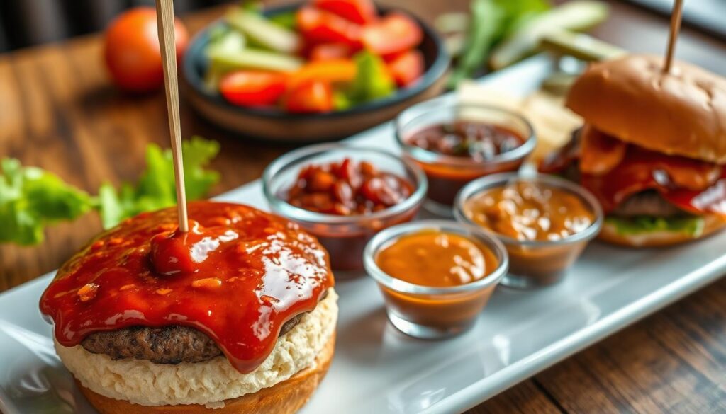 A beautifully arranged plate featuring a variety of gourmet burgers, each topped with a unique, vibrant sauce. In the foreground, a classic burger with a rich, glossy, homemade sauce that glistens under soft, warm lighting. The middle of the scene displays spicy and garlic sauces in small bowls, with textures clearly visible, emphasizing their freshness and flavor. The background has a rustic wooden table with complementary burger garnishes like fresh lettuce, tomatoes, and pickles, softly blurred to maintain focus on the sauces. The atmosphere is inviting and warm, evoking a sense of comfort and appetite, captured with a shallow depth of field to highlight the details of the sauces and burgers.