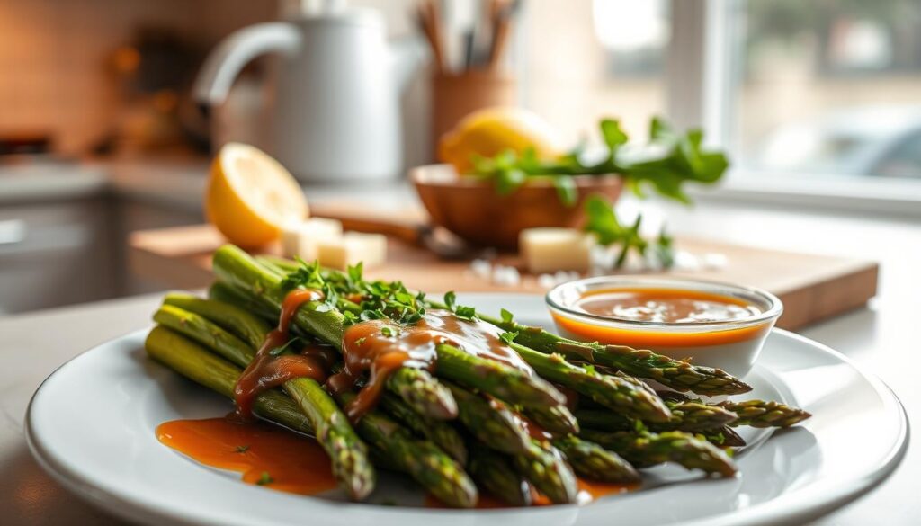 A beautifully arranged plate featuring a vibrant green asparagus dish drizzled with a luscious homemade sauce, complemented by a small bowl of the sauce on the side. The foreground showcases the asparagus topped with a sprinkle of fresh herbs, glistening in the light. In the middle, place a wooden cutting board with ingredients like lemon, butter, and a pinch of salt scattered artistically around the bowl. The background features a soft-focus kitchen setting with light streaming in from a window, enhancing the inviting atmosphere. The scene captures a warm, cozy feeling, evoking a sense of freshness and culinary artistry, shot with a soft focus lens to create a dreamy effect.