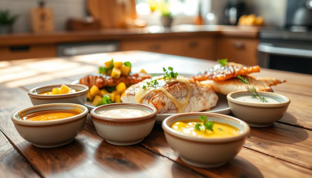 A beautifully arranged plate featuring an array of interesting sauces for fish, set on a rustic wooden table. In the foreground, vibrant sauces in small ceramic bowls, including a rich lemon butter sauce, a tangy mango salsa, and a creamy dill sauce, all garnished with fresh herbs. The middle ground shows a perfectly cooked fillet of salmon and a portion of fried fish, artistically drizzled with the varied sauces. In the background, hints of a bright kitchen with soft natural lighting filtering through a window, casting gentle shadows on the table. The scene evokes a warm and inviting atmosphere, perfect for culinary exploration. Shot with a shallow depth of field to emphasize the sauces and fish in the foreground, while maintaining a soft focus on the kitchen setting.