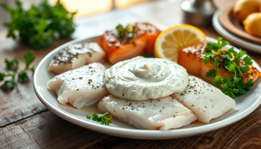 A beautifully arranged plate featuring fresh fish fillets, specifically cod and salmon, served with a generous dollop of creamy horse-radish sauce in the center. The sauce should appear vibrant and textured, showcasing its key ingredients: horseradish, lemon, and herbs, with a zest of lemon peel for color. In the foreground, finely chopped parsley and lemon wedges create an inviting garnish. The middle ground captures the plate resting on a rustic wooden table, emphasizing a culinary atmosphere. In the background, soft, natural lighting illuminates the scene, reflecting a warm and homey kitchen environment. The focus is sharp on the dish while the background gently blurs, evoking a sense of comfort and deliciousness that invites viewers to try the recipe.