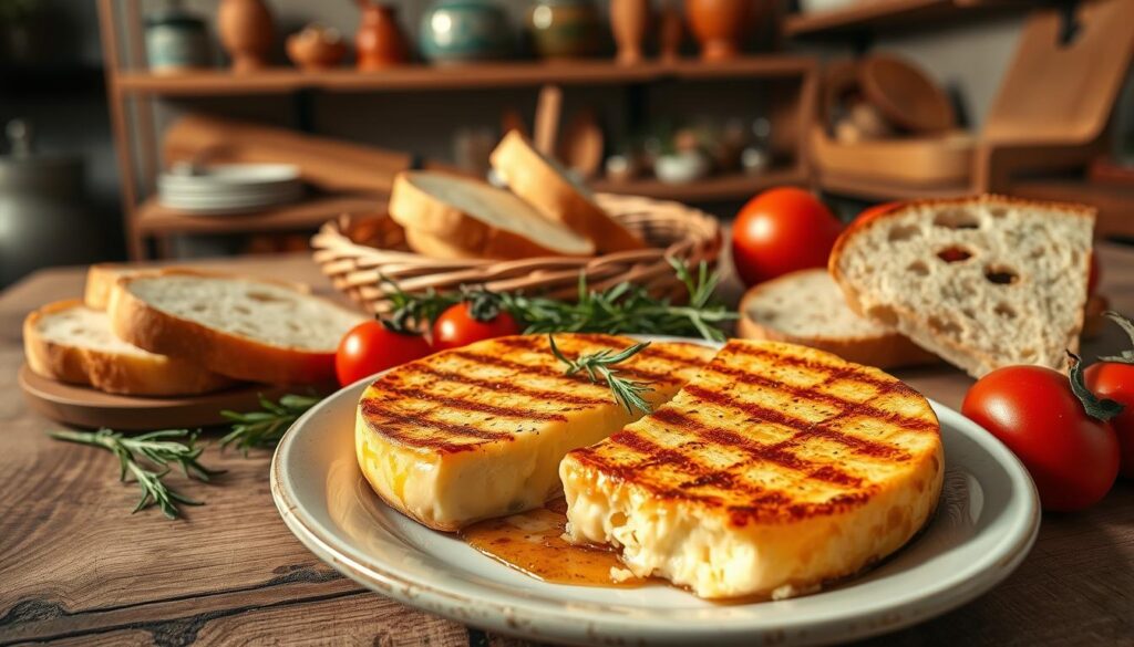 A beautifully arranged plate featuring melted, grilled oscypek cheese, glistening with a golden-brown crust, sits invitingly in the foreground. Fresh herbs like rosemary and thyme are artfully scattered around the plate, with slices of crusty bread and vibrant, ripe tomatoes providing contrast. In the middle ground, a rustic wooden table complements the natural setting, with a warm, soft light illuminating the scene, casting gentle shadows. In the background, a hint of a cozy kitchen setting is visible, with shelves displaying traditional Polish cookware and ingredients. The mood is warm and inviting, celebrating culinary tradition while highlighting the versatility of thawed oscypek cheese. The angle is slightly overhead, allowing for a generous view of the rich textures and colors of the dish.