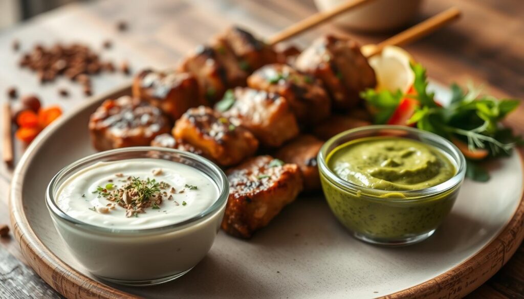 A beautifully arranged plate featuring the best kebab sauce, highlighting both a garlicky and herb-infused variation. In the foreground, a small dish holds a creamy, white garlic sauce with visible garlic bits and herbs sprinkled on top, while next to it, a vibrant green herb sauce with fresh parsley and dill glistens. In the middle, a generous serving of kebab meat on skewers, garnished with fresh vegetables. The background showcases a rustic wooden table, with hints of spices and herbs scattered artistically. Natural light filters in from the side, creating a warm, inviting atmosphere. The image should have a soft focus, emphasizing the sauces, while the kebab and garnishes remain sharp and enticing, illustrating culinary delight and homemade goodness.