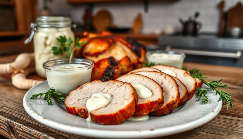 A beautifully arranged plate featuring traditional Polish horseradish sauce (sos chrzanowy) served alongside succulent slices of roasted pork. In the foreground, a rustic wooden table displays the dish, garnished with fresh herbs and whole horseradish roots, showcasing the creamy texture and hint of spice in the sauce. The middle ground includes a glass jar of horseradish and a small bowl filled with the sauce, emphasizing its creamy white color contrasted with the vibrant roast meat. In the background, a cozy kitchen setting with soft, warm lighting creates an inviting atmosphere, highlighting the cultural significance of the dish. The composition captures a close-up angle, immersing the viewer in the experience of enjoying this traditional condiment in Polish cuisine.