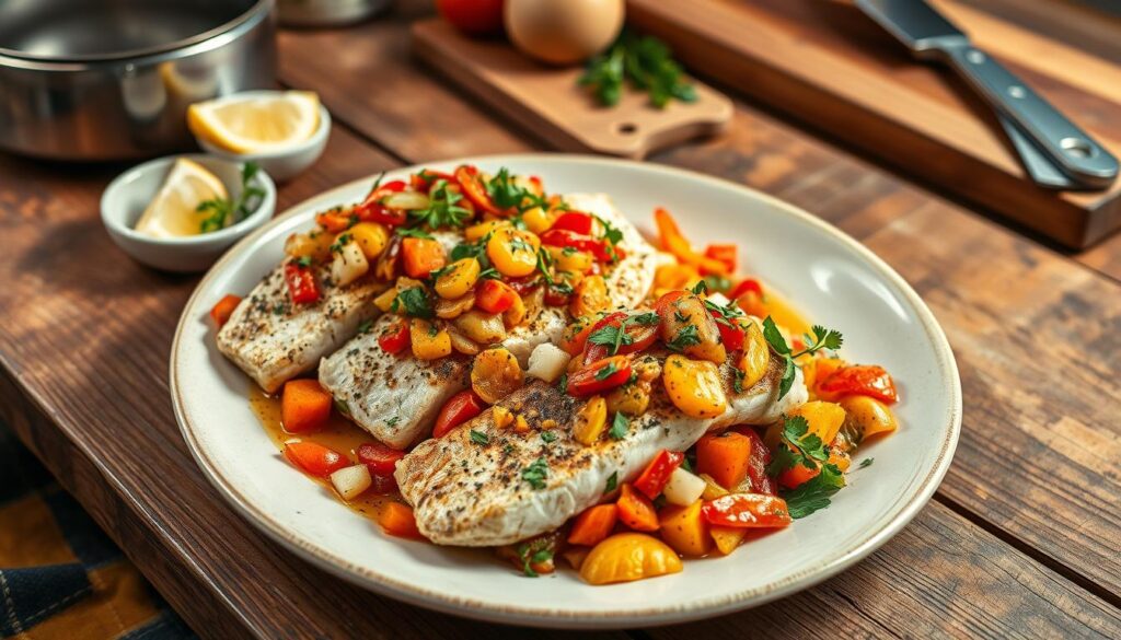 A beautifully arranged plate of Greek-style fish, featuring fillets of fish topped with a rich, colorful medley of vegetables like bell peppers, carrots, and onions. The fish is elegantly garnished with fresh herbs and served alongside a small dish of lemon wedges for zest. The scene is set on a rustic wooden table, with soft, warm lighting that emphasizes the textures of the food. In the background, there are subtle hints of a kitchen—such as cookware and a cutting board, suggesting a homey atmosphere. The focus is sharp on the plate, creating an inviting, mouth-watering appeal that encourages viewers to consider the practicality of freezing this dish. The mood is warm and inviting, perfect for a culinary setting. A beautifully arranged plate of Greek-style fish, featuring fillets of fish topped with a rich, colorful medley of vegetables like bell peppers, carrots, and onions. The fish is elegantly garnished with fresh herbs and served alongside a small dish of lemon wedges for zest. The scene is set on a rustic wooden table, with soft, warm lighting that emphasizes the textures of the food. In the background, there are subtle hints of a kitchen—such as cookware and a cutting board, suggesting a homey atmosphere. The focus is sharp on the plate, creating an inviting, mouth-watering appeal that encourages viewers to consider the practicality of freezing this dish. The mood is warm and inviting, perfect for a culinary setting.