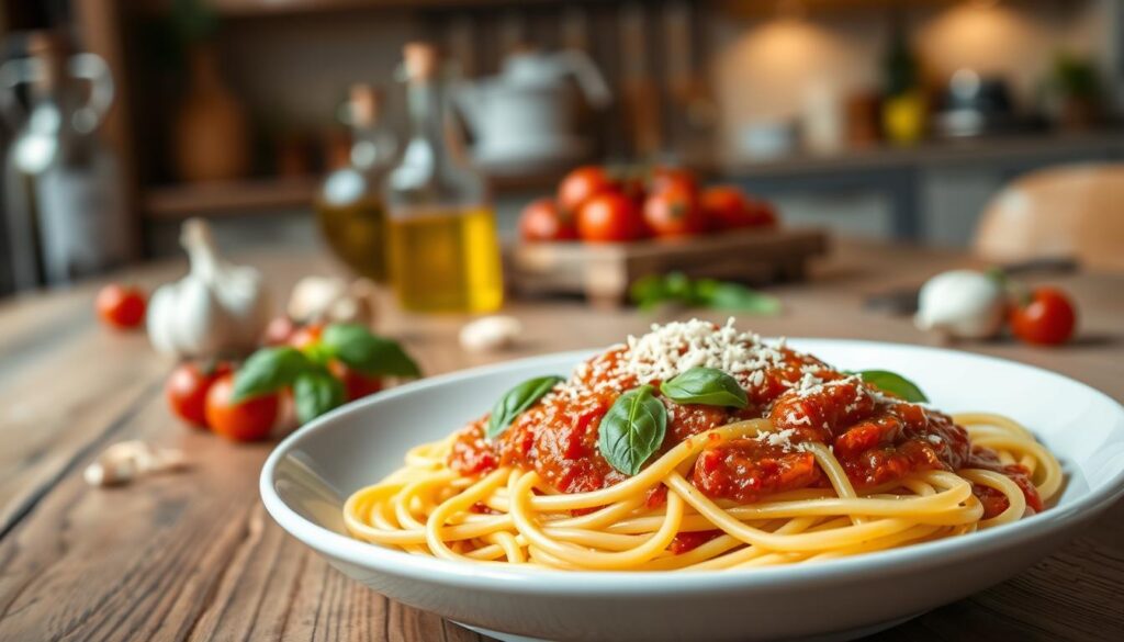 A beautifully arranged plate of al dente spaghetti topped with a rich, homemade tomato sauce, garnished with fresh basil leaves and grated Parmesan cheese. In the foreground, the pasta twists elegantly, showcasing its texture against the vibrant red sauce. The middle ground features a rustic wooden table adorned with olive oil, crushed garlic cloves, and cherry tomatoes, suggesting fresh ingredients. A softly lit kitchen can be seen in the background, with warm, inviting lighting that enhances the cozy atmosphere. The overall mood is comforting and appetizing, evoking the essence of an Italian trattoria. Use a shallow depth of field to focus on the pasta, with a slight tilt-angle perspective to create a dynamic composition.