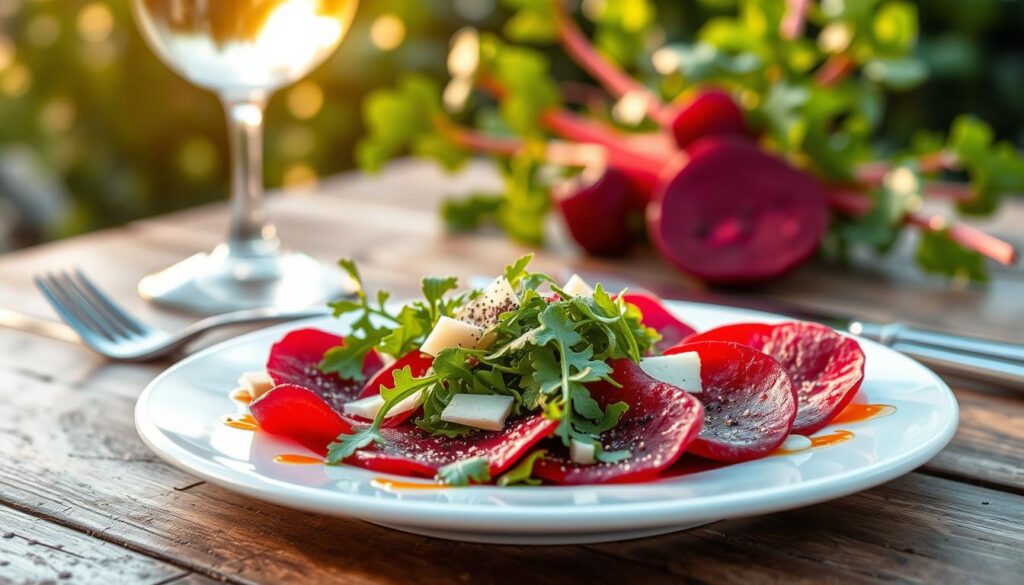 A beautifully arranged plate of beetroot carpaccio drizzled with a light lemon-balsamic dressing, presented elegantly on a rustic wooden table. In the foreground, the vibrant red slices of beetroot are garnished with fresh arugula, thinly shaved parmesan, and a sprinkle of crushed black pepper. The dressing glistens, enhancing the colors. In the middle ground, a crystal clear wine glass filled with white wine catches the soft, warm light, creating a cozy atmosphere. A fork and knife rest beside the plate, hinting at a gourmet dining experience. In the background, blurred greenery enhances the scene, evoking a fresh, outdoor ambiance. The lighting is soft and natural, creating an inviting mood perfect for a culinary article.