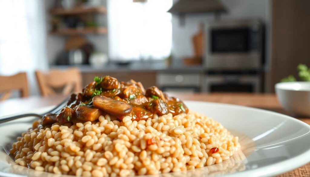 A beautifully arranged plate of buckwheat groats topped with a delicious, rich sauce. In the foreground, the dish showcases the texture of the groats, glistening under natural light. The sauce is a vibrant blend of earthy tones, featuring chunks of sautéed mushrooms and herbs, creating a hearty and appetizing look. In the middle ground, a rustic wooden table enhances the homely feel, with simple cutlery placed beside the plate. In the background, a cozy kitchen setting with soft, diffused lighting casts a warm atmosphere, hinting at home-cooked meals. Focused from a slightly elevated angle to capture both the dish and the inviting environment, this image evokes a sense of comfort and culinary inspiration, perfect for showcasing sauce options for buckwheat dishes.