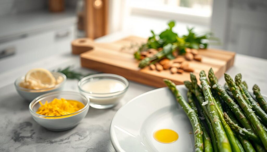 A beautifully arranged plate of freshly cooked green asparagus, garnished with a sprinkle of sea salt and a drizzle of olive oil, sits in the foreground. Next to the asparagus are small bowls of vibrant accompaniments, including a tangy lemon zest, delicate hollandaise sauce, and crunchy toasted almonds. In the middle ground, a wooden cutting board showcases a few fresh herbs, such as thyme and parsley, adding a pop of green. The background features a soft, blurred kitchen setting with natural light streaming through a window, creating a warm and inviting atmosphere. The overall mood is one of elegance and culinary delight, highlighting the sophistication of serving asparagus with complementary flavors. Capture the scene from a slightly overhead angle to showcase all the elements harmoniously. A beautifully arranged plate of freshly cooked green asparagus, garnished with a sprinkle of sea salt and a drizzle of olive oil, sits in the foreground. Next to the asparagus are small bowls of vibrant accompaniments, including a tangy lemon zest, delicate hollandaise sauce, and crunchy toasted almonds. In the middle ground, a wooden cutting board showcases a few fresh herbs, such as thyme and parsley, adding a pop of green. The background features a soft, blurred kitchen setting with natural light streaming through a window, creating a warm and inviting atmosphere. The overall mood is one of elegance and culinary delight, highlighting the sophistication of serving asparagus with complementary flavors. Capture the scene from a slightly overhead angle to showcase all the elements harmoniously.