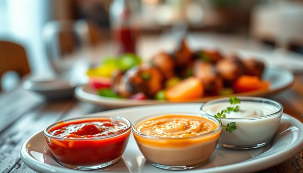 A beautifully arranged plate of kebab sauce, known as "sos do kebaba," in the foreground, showcasing a smooth, creamy texture with vibrant colors. Include two small bowls—one containing a spicy red chili sauce and the other a lighter, mild yogurt-based sauce, garnished with fresh herbs. The middle ground features a slightly blurred serving of kebabs and fresh vegetables, hinting at a delicious meal. The background should display a rustic wooden table setting with soft, ambient lighting that creates warmth, evoking a cozy dining atmosphere. Use a shallow depth of field to emphasize the sauces in the foreground, capturing the richness and detail in their presentation. The image radiates a welcoming, appetizing vibe perfect for food enthusiasts.