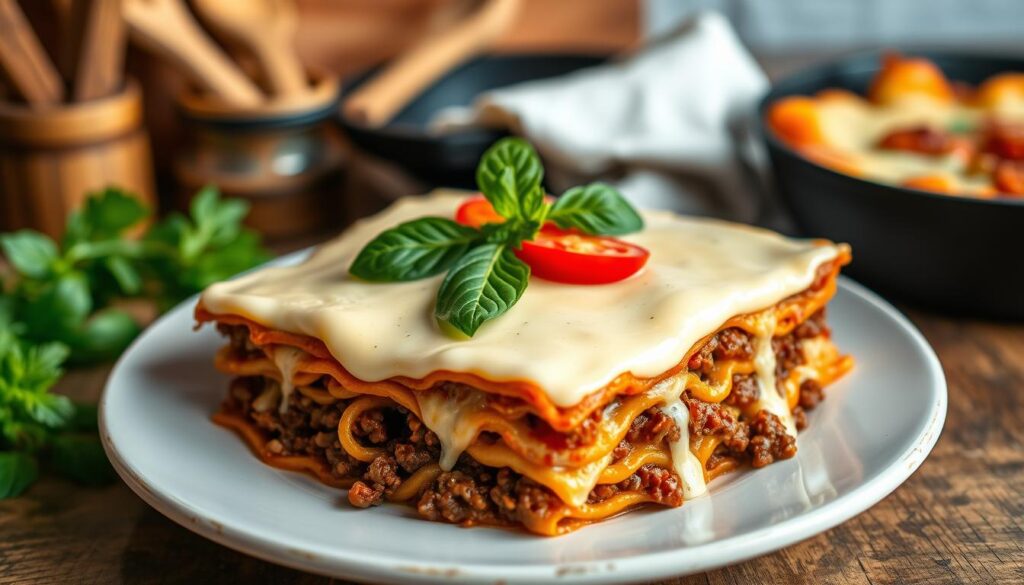 A beautifully arranged plate of lasagna topped with a creamy béchamel sauce, showcasing layers of pasta, rich ground meat, and vibrant vegetables. The foreground features a generous serving of lasagna, with the béchamel sauce glistening under soft diffused lighting, highlighting its smooth texture. In the middle, fresh herbs like basil and parsley are artfully sprinkled on top for added color. The background includes a rustic kitchen setting with wooden utensils and a cast iron pan, evoking a warm, inviting atmosphere. The scene is captured from a slightly elevated angle to emphasize the layers of the dish while maintaining clarity and detail. The overall mood is cozy and appetizing, perfect for a culinary article.