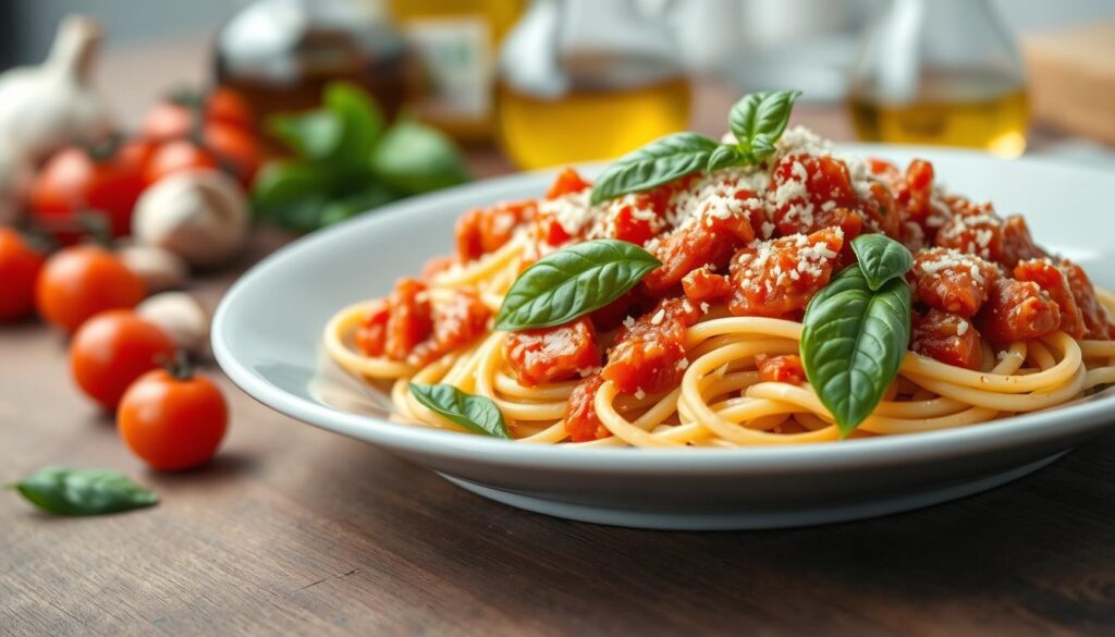 A beautifully arranged plate of pasta topped with the best homemade tomato sauce, garnished with fresh basil leaves and grated Parmesan cheese. The foreground features the vibrant colors of ripe tomatoes and aromatic herbs, showcasing a rustic wooden table setting. In the background, hints of olive oil and garlic cloves can be seen, creating a warm culinary atmosphere. Soft, natural lighting highlights the textures of the sauce and pasta, while a shallow depth of field adds focus to the dish. The image embodies a cozy kitchen ambiance, inviting viewers to appreciate classic Italian cuisine in a homely setting.