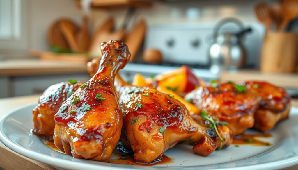 A beautifully arranged plate of perfectly cooked chicken drumsticks, glistening with a rich, golden-brown glaze that highlights their crispy skin. In the foreground, the drumsticks are garnished with fresh herbs and spices, exuding an appetizing aroma. In the middle, a colorful side of roasted vegetables appears, adding a rustic charm to the composition. The background features a softly lit kitchen setting, suggesting a warm and inviting atmosphere, with wooden countertops and utensils subtly blurred. The lighting is warm and inviting, suggesting late afternoon sunlight streaming through a window, creating a cozy and homey ambiance. The image captures the essence of delicious homemade cooking, perfect for illustrating a recipe article.