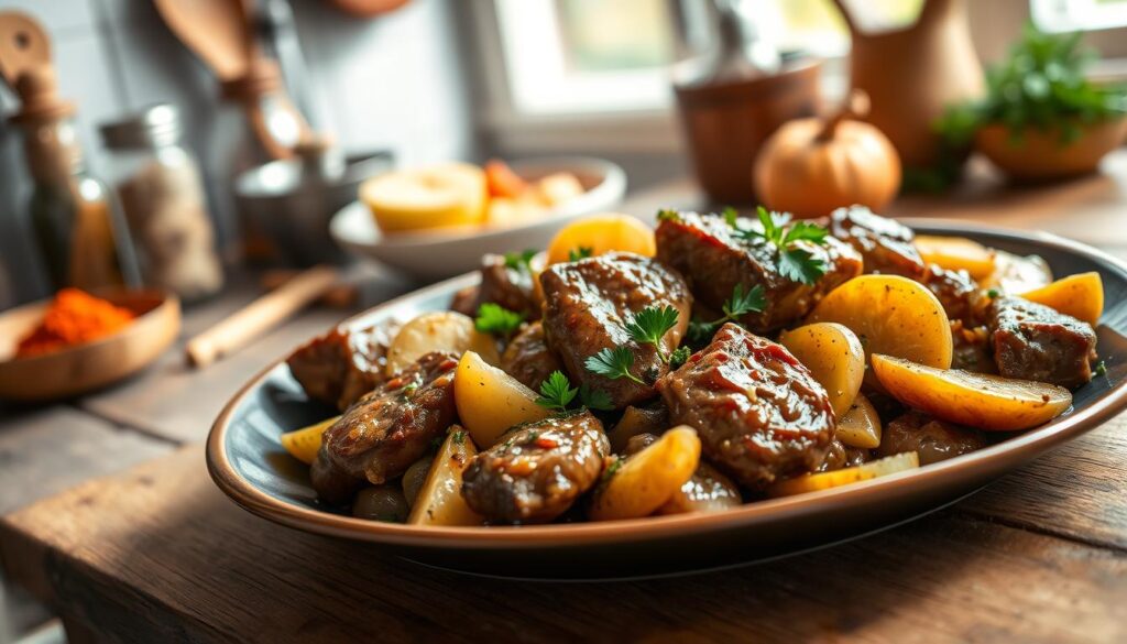 A beautifully arranged plate of sautéed chicken liver, garnished with fresh herbs such as parsley and thyme, placed on a rustic wooden table. The dish features rich, glossy liver pieces glistening with a hint of caramelization, surrounded by a vibrant medley of sautéed onions and apples, adding warmth and sweetness. In the background, out-of-focus kitchen elements, like colorful spices and cooking utensils, hint at a cozy cooking atmosphere. Soft, natural lighting filters in from a nearby window, casting gentle shadows and highlighting the textures of the food. The scene conveys a feeling of warmth and homeliness, inviting the viewer to explore the delights of this traditional dish.