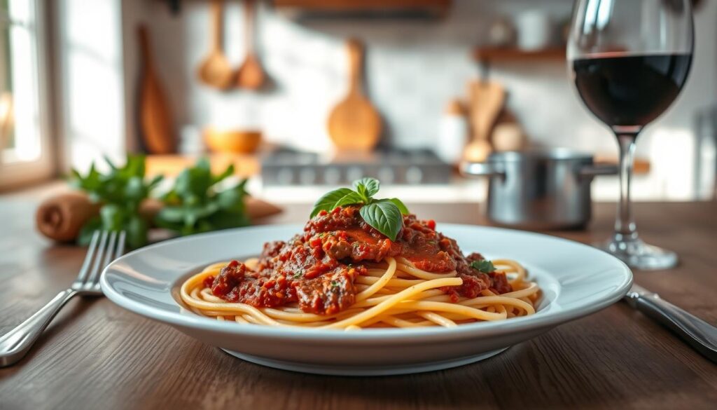 A beautifully arranged plate of spaghetti bolognese, featuring a generous serving of al dente pasta topped with rich, thick meat sauce and garnished with freshly chopped basil. In the foreground, elegant cutlery and a rustic wooden table set the scene, while a glass of red wine complements the dish. The middle background showcases a softly blurred kitchen ambiance, with a hint of Italian cooking elements like a wooden spoon and a small pot. Natural warm lighting illuminates the dish, enhancing the vibrant colors of the ingredients. The atmosphere is inviting and cozy, perfect for a family gathering or an intimate dinner. The angle captures the plate at a slight tilt, emphasizing the deliciousness of the meal without any text or distractions.