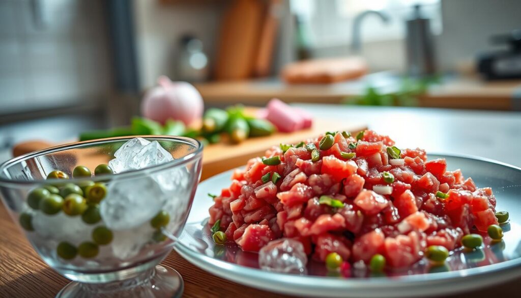 A beautifully arranged plate of tartare, freshly prepared with finely diced raw beef, garnished with vibrant green capers, chopped red onions, and a drizzle of high-quality olive oil. The foreground features a sleek glass bowl with ice, highlighting the process of freezing the tartare, illustrating the concept of freezing raw meat for later use. The middle area showcases a rustic wooden cutting board, providing a warm, homey feel. In the background, a blurred kitchen setting, softly lit with natural light streaming through a window, adds a serene ambiance. The overall mood conveys the fusion of culinary art and food preservation, emphasizing cleanliness and attention to quality.