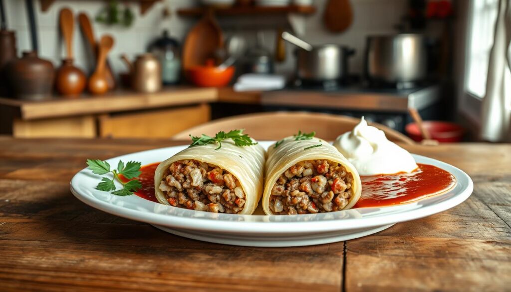 A beautifully arranged plate of traditional Polish gołąbki, filled with minced meat and rice, wrapped in tender cabbage leaves. The dish is elegantly presented, garnished with fresh herbs and a drizzle of rich, homemade tomato sauce on one side and creamy, smooth sour cream on the other. In the foreground, a rustic wooden table sets a cozy atmosphere. In the background, soft, natural light filters through a window, illuminating a small, traditional Polish kitchen filled with vintage utensils and a pot simmering on the stove. The scene captures a warm and inviting mood, reminiscent of home-cooked meals and family gatherings. The image should be shot from a slightly elevated angle, focusing on the vibrant colors and textures of the dish.