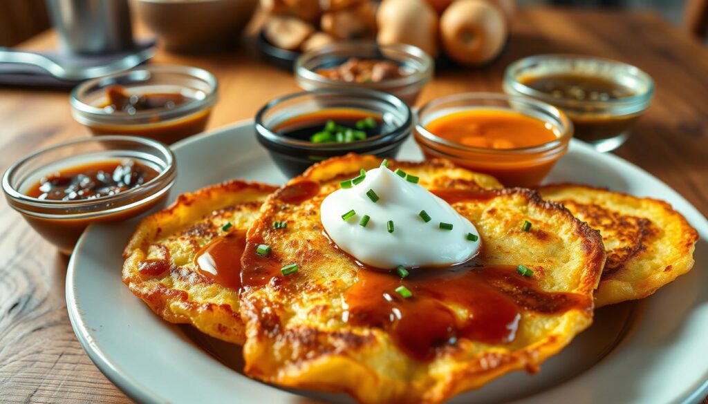 A beautifully arranged plate of traditional Polish potato pancakes, known as "placki ziemniaczane," served with a variety of savory sauces. In the foreground, focus on the golden-brown pancakes, crisp on the outside and soft inside, topped with a dollop of rich sour cream, a sprinkle of fresh chives, and a tangy, herbed soy sauce. In the middle, include small glass bowls of accompanying sauces, such as mushroom sauce and a savory onion sauce, artistically placed around the pancakes. The background features a rustic wooden table setting, softly lit by warm, natural light that creates a cozy and inviting atmosphere. The overall mood is homey and appetizing, making the viewer crave the flavor and warmth of this traditional dish. A beautifully arranged plate of traditional Polish potato pancakes, known as "placki ziemniaczane," served with a variety of savory sauces. In the foreground, focus on the golden-brown pancakes, crisp on the outside and soft inside, topped with a dollop of rich sour cream, a sprinkle of fresh chives, and a tangy, herbed soy sauce. In the middle, include small glass bowls of accompanying sauces, such as mushroom sauce and a savory onion sauce, artistically placed around the pancakes. The background features a rustic wooden table setting, softly lit by warm, natural light that creates a cozy and inviting atmosphere. The overall mood is homey and appetizing, making the viewer crave the flavor and warmth of this traditional dish.