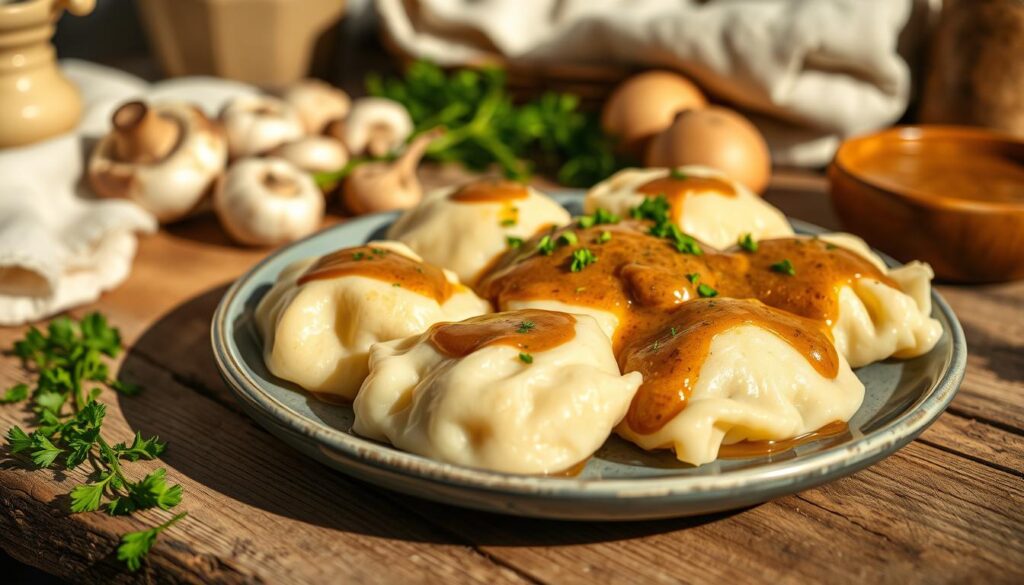 A beautifully arranged plate of traditional Silesian dumplings, known as klusek śląski, garnished with a rich, creamy sauce. In the foreground, the dumplings are fluffy and soft, topped with finely chopped herbs like parsley. The sauce, a velvety blend of mushroom or gravy, is artistically drizzled over the dumplings, enhancing their texture. In the middle ground, a rustic wooden table complements the dish, with fresh ingredients like mushrooms, and a small bowl of sauce nearby, adding depth to the composition. The background features soft kitchen elements, creating a warm, inviting atmosphere. The lighting is warm and natural, casting soft shadows that highlight the dumplings' surface, inviting the viewer to savor this delicious meal. The overall mood is homely and comforting, perfect for a cozy meal. A beautifully arranged plate of traditional Silesian dumplings, known as klusek śląski, garnished with a rich, creamy sauce. In the foreground, the dumplings are fluffy and soft, topped with finely chopped herbs like parsley. The sauce, a velvety blend of mushroom or gravy, is artistically drizzled over the dumplings, enhancing their texture. In the middle ground, a rustic wooden table complements the dish, with fresh ingredients like mushrooms, and a small bowl of sauce nearby, adding depth to the composition. The background features soft kitchen elements, creating a warm, inviting atmosphere. The lighting is warm and natural, casting soft shadows that highlight the dumplings' surface, inviting the viewer to savor this delicious meal. The overall mood is homely and comforting, perfect for a cozy meal.