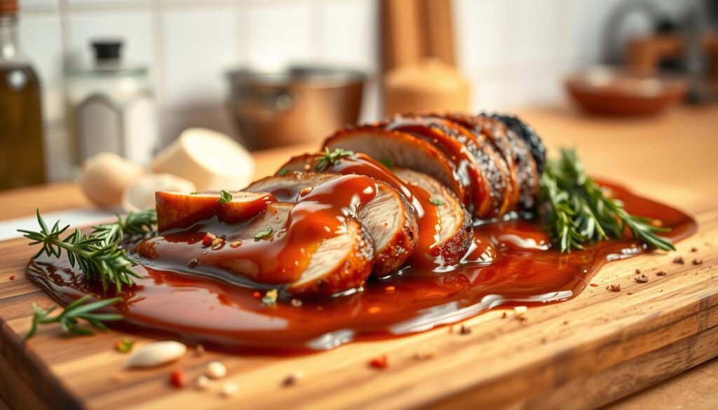 A beautifully arranged plate showcasing a rich, savory sauce for roasted pork neck, with the sauce glistening in a deep amber color. In the foreground, a wooden cutting board holds the dish, intricate details of herbs and spices like rosemary, garlic, and chili flakes scattered around. In the middle, the pork neck, sliced into tender pieces, is elegantly drizzled with the sauce. Background features a softly blurred kitchen setting with warm, inviting lighting, creating a cozy cooking atmosphere. The scene captures an artisanal feel, emphasizing the deliciousness and warmth of home-cooked meals, presented in a professional culinary style, with a focus on textures and vibrant colors. A beautifully arranged plate showcasing a rich, savory sauce for roasted pork neck, with the sauce glistening in a deep amber color. In the foreground, a wooden cutting board holds the dish, intricate details of herbs and spices like rosemary, garlic, and chili flakes scattered around. In the middle, the pork neck, sliced into tender pieces, is elegantly drizzled with the sauce. Background features a softly blurred kitchen setting with warm, inviting lighting, creating a cozy cooking atmosphere. The scene captures an artisanal feel, emphasizing the deliciousness and warmth of home-cooked meals, presented in a professional culinary style, with a focus on textures and vibrant colors.