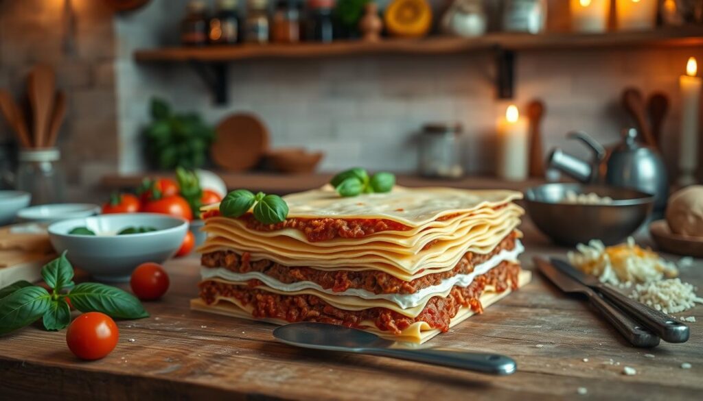 A beautifully arranged scene depicting the process of layering lasagna in a rustic Italian kitchen. In the foreground, a wooden countertop showcases a half-assembled lasagna with layers of rich bolognese sauce, creamy béchamel, and sheets of pasta. A spatula rests beside a bowl of fresh basil. The middle ground features various ingredients scattered artfully around, such as ripe tomatoes, grated cheese, and sautéed onions, all contributing to the vibrant colors. In the background, warm candlelight gives a cozy atmosphere, illuminating shelves filled with spices and cooking tools. The image is shot at a slightly elevated angle to provide a clear view of the lasagna layers, creating an inviting and homely mood, evoking the heart of culinary tradition.