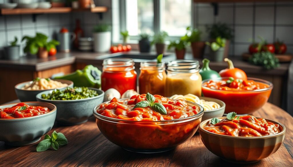 A beautifully arranged scene featuring various homemade pasta sauces displayed on a rustic wooden kitchen table. In the foreground, focus on vibrant bowls of sauces like rich tomato basil, creamy Alfredo, and spicy arrabbiata, each garnished with fresh herbs. In the middle, show elegant glass jars filled with pesto and a colorful bell pepper sauce, surrounded by fresh ingredients such as garlic, basil, and tomatoes. The background reveals a softly lit kitchen with a hint of greenery from potted herbs on the windowsill, creating a warm and inviting atmosphere. Natural light filters through the window, casting gentle shadows. The overall mood is cozy and appetizing, perfect for inspiring home cooking enthusiasts. A beautifully arranged scene featuring various homemade pasta sauces displayed on a rustic wooden kitchen table. In the foreground, focus on vibrant bowls of sauces like rich tomato basil, creamy Alfredo, and spicy arrabbiata, each garnished with fresh herbs. In the middle, show elegant glass jars filled with pesto and a colorful bell pepper sauce, surrounded by fresh ingredients such as garlic, basil, and tomatoes. The background reveals a softly lit kitchen with a hint of greenery from potted herbs on the windowsill, creating a warm and inviting atmosphere. Natural light filters through the window, casting gentle shadows. The overall mood is cozy and appetizing, perfect for inspiring home cooking enthusiasts.