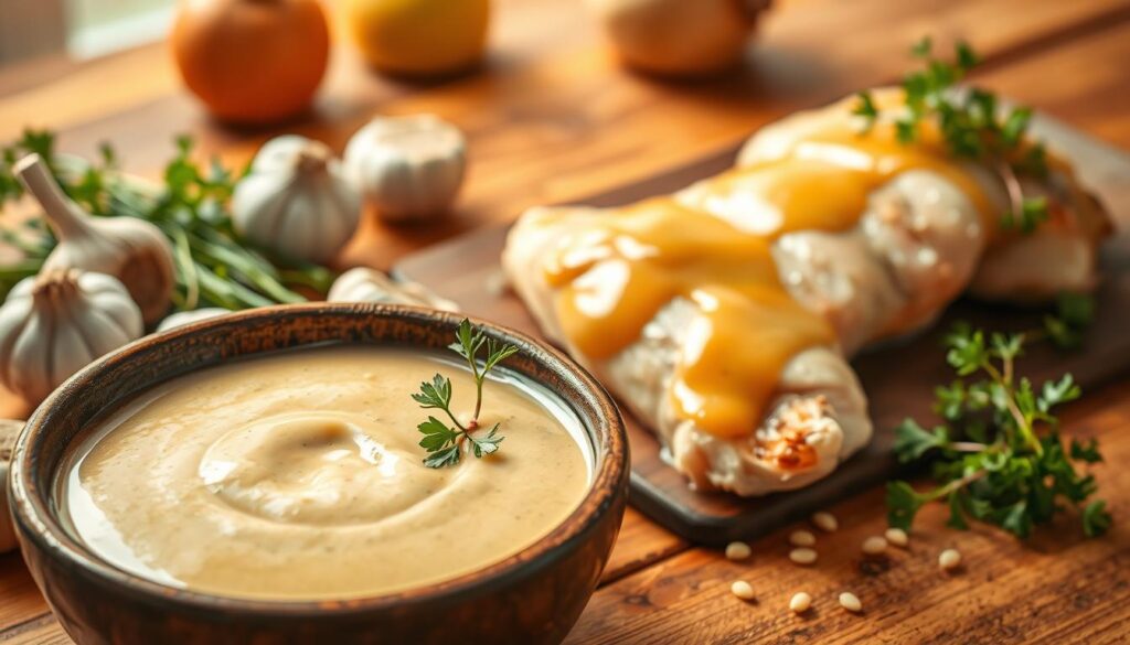 A beautifully arranged scene focusing on the best homemade chicken sauce. In the foreground, a creamy, rich sauce made with fresh herbs, garlic, and mustard, with a smooth texture glistening in a rustic bowl. Surrounding the bowl are fresh ingredients, including garlic cloves, mustard seeds, and a sprig of parsley for garnish. In the middle ground, a perfectly cooked chicken breast drizzled with the sauce, garnished with delicate microgreens. The background features a wooden kitchen table setting with warm, natural lighting that creates a cozy atmosphere, highlighting the richness of the sauce. The composition captures an inviting and appetizing feel, evoking the joy of homemade cooking. A beautifully arranged scene focusing on the best homemade chicken sauce. In the foreground, a creamy, rich sauce made with fresh herbs, garlic, and mustard, with a smooth texture glistening in a rustic bowl. Surrounding the bowl are fresh ingredients, including garlic cloves, mustard seeds, and a sprig of parsley for garnish. In the middle ground, a perfectly cooked chicken breast drizzled with the sauce, garnished with delicate microgreens. The background features a wooden kitchen table setting with warm, natural lighting that creates a cozy atmosphere, highlighting the richness of the sauce. The composition captures an inviting and appetizing feel, evoking the joy of homemade cooking.