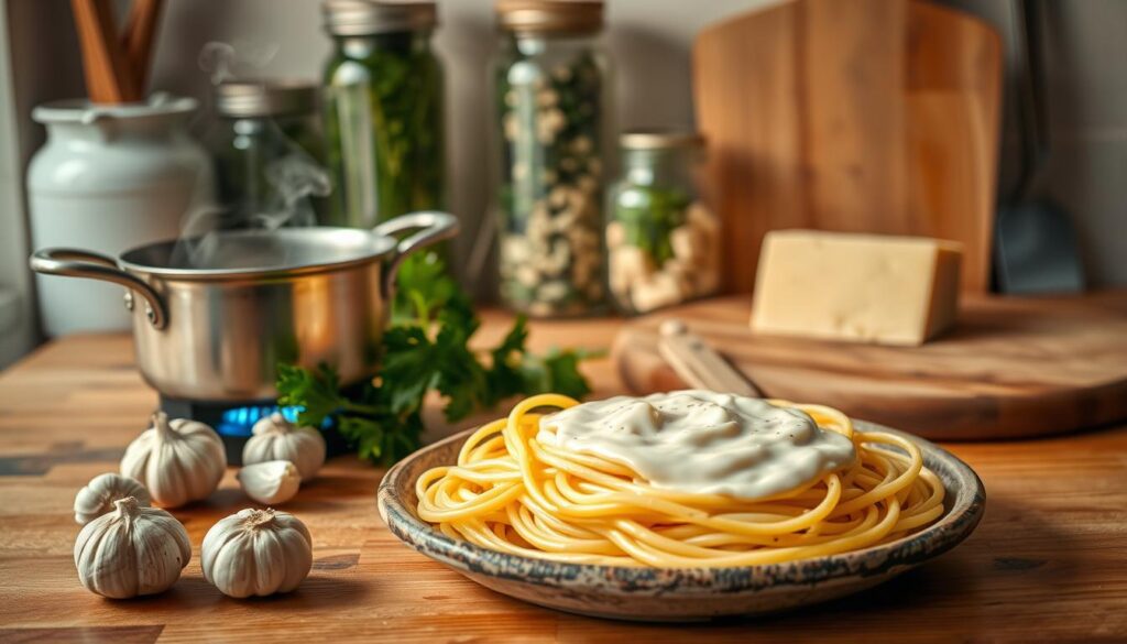 A beautifully arranged scene of a creamy pasta sauce preparation on a wooden kitchen countertop. In the foreground, a small saucepan simmers over a gentle flame, releasing steam. Fresh ingredients like garlic cloves, a sprig of parsley, and a block of Parmesan cheese are artistically placed nearby. In the middle, the sauce's rich, velvety texture is visible as it coats a pile of al dente spaghetti on a rustic plate. Behind, a softly lit kitchen setting features herb jars and a wooden cutting board, creating a warm and inviting atmosphere. The lighting is warm and natural, highlighting the creamy white and rich golden hues of the sauce. The angle is slightly above the countertop, providing a clear view of the delectable dish, evoking a sense of comfort and culinary delight.
