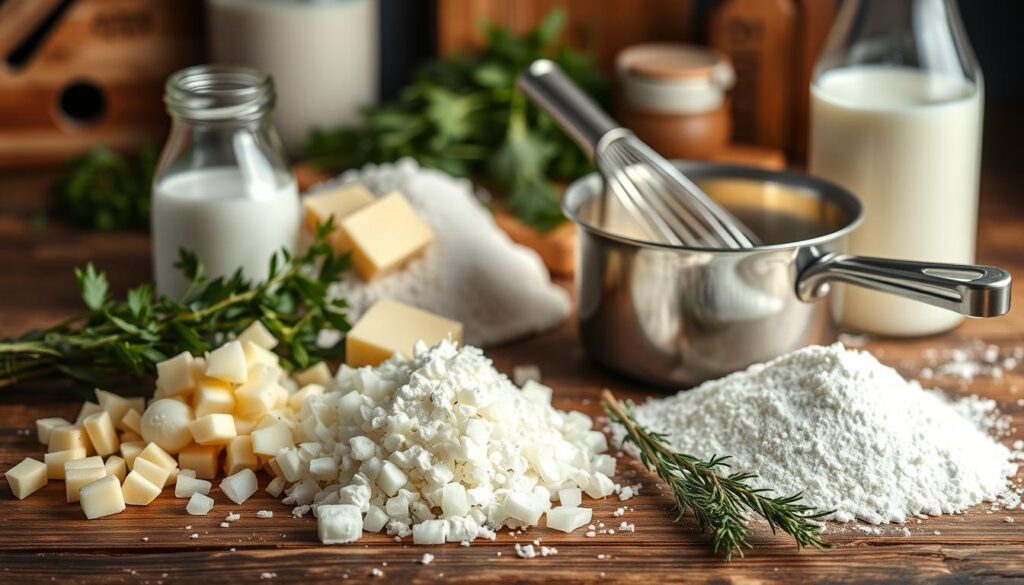 A beautifully arranged scene of ingredients for a classic white sauce, showcasing a variety of items prominently in the foreground. Include fresh butter, finely chopped onions, flour, whole milk, and a bouquet garni of herbs, all artistically placed on a rustic wooden kitchen table. In the middle ground, a small saucepan with melted butter and flour is depicted, along with a classic whisk. The background features softly blurred kitchen elements, like a wooden cutting board and fresh herbs, to enhance the atmosphere. The lighting should be warm and inviting, evoking a cozy kitchen ambiance, captured with a shallow depth of field to draw focus on the ingredients. Aim for a homely, appetizing vibe that reflects the essence of cooking. A beautifully arranged scene of ingredients for a classic white sauce, showcasing a variety of items prominently in the foreground. Include fresh butter, finely chopped onions, flour, whole milk, and a bouquet garni of herbs, all artistically placed on a rustic wooden kitchen table. In the middle ground, a small saucepan with melted butter and flour is depicted, along with a classic whisk. The background features softly blurred kitchen elements, like a wooden cutting board and fresh herbs, to enhance the atmosphere. The lighting should be warm and inviting, evoking a cozy kitchen ambiance, captured with a shallow depth of field to draw focus on the ingredients. Aim for a homely, appetizing vibe that reflects the essence of cooking.