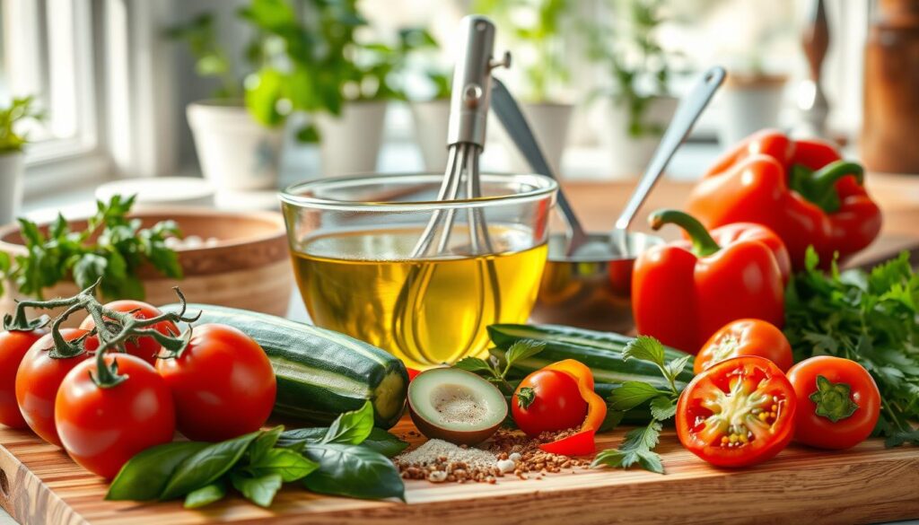 A beautifully arranged scene showcasing the process of making a classic Greek salad dressing. In the foreground, a wooden cutting board holds fresh ingredients: ripe tomatoes, crisp cucumbers, vibrant bell peppers, and fragrant herbs. A glass bowl filled with olive oil, vinegar, and spices stands ready for mixing. The middle layer features a small whisk and measuring spoons, emphasizing the preparation process. In the background, a sunlit kitchen with potted herbs on the windowsill creates a warm atmosphere. Soft, natural lighting highlights the ingredients, casting gentle shadows. The image conveys a fresh, inviting mood, perfect for illustrating a detailed recipe.