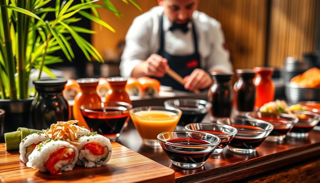 A beautifully arranged selection of various sushi sauces, including soy sauce, teriyaki sauce, spicy mayo, and alternatives, displayed in elegant, small bowls. The foreground features a glossy wooden sushi platter with rolls, garnished with wasabi and pickled ginger, creating a vibrant color contrast. The middle ground showcases the sauces, with shimmering reflections highlighting their textures and colors. In the background, softly blurred bamboo leaves and a sushi chef in professional attire, focusing on preparing sushi, add a traditional Japanese ambiance. Warm, natural lighting enhances the appetizing appeal, while a shallow depth of field emphasizes the delicious sauces. The atmosphere is inviting and culinary, perfect for seafood lovers.