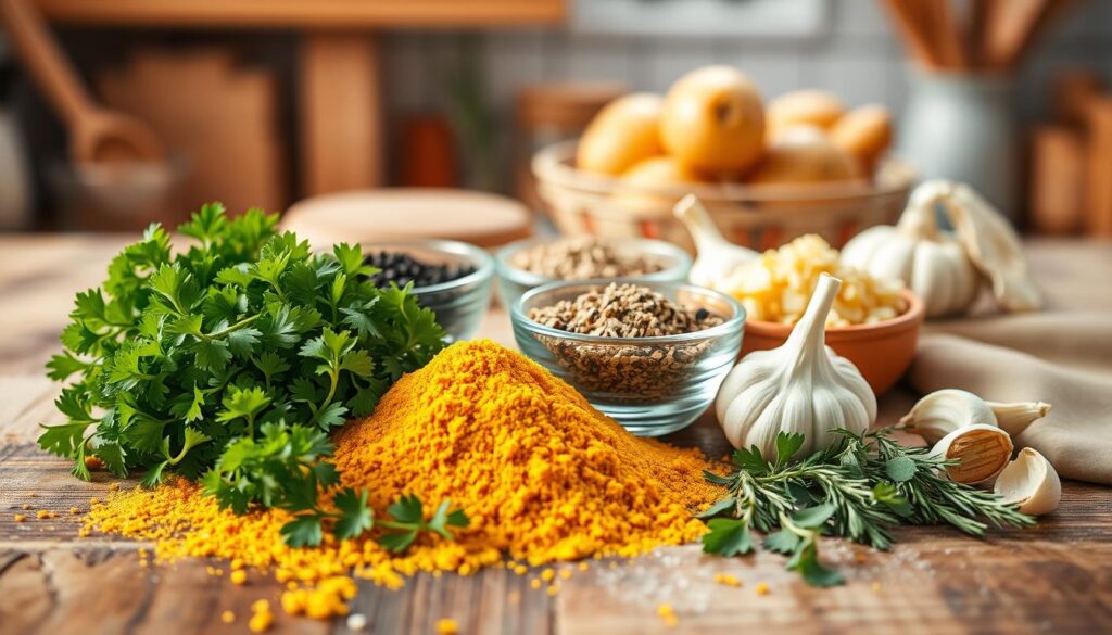 A beautifully arranged set of various spices and herbs ideal for seasoning potatoes, displayed on a rustic wooden table. In the foreground, vibrant green parsley, golden turmeric powder, and coarse sea salt create a colorful palette. In the middle, small bowls contain black pepper, dried rosemary, and garlic flakes, with some fresh garlic cloves surrounding them. The background features a softly lit kitchen setting with blurred kitchen utensils and fresh potatoes, enhancing the cozy and inviting atmosphere of home cooking. The lighting is warm and natural, evoking a sense of comfort and tradition, captured from a slightly elevated angle to showcase the arrangement effectively. The overall mood is one of culinary creativity and warmth, perfect for illustrating the use of spices in cooking potatoes. A beautifully arranged set of various spices and herbs ideal for seasoning potatoes, displayed on a rustic wooden table. In the foreground, vibrant green parsley, golden turmeric powder, and coarse sea salt create a colorful palette. In the middle, small bowls contain black pepper, dried rosemary, and garlic flakes, with some fresh garlic cloves surrounding them. The background features a softly lit kitchen setting with blurred kitchen utensils and fresh potatoes, enhancing the cozy and inviting atmosphere of home cooking. The lighting is warm and natural, evoking a sense of comfort and tradition, captured from a slightly elevated angle to showcase the arrangement effectively. The overall mood is one of culinary creativity and warmth, perfect for illustrating the use of spices in cooking potatoes.