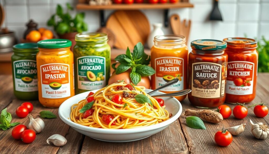 A beautifully arranged spread of alternative pasta sauces, showcasing vibrant jars of colorful sauces like creamy basil avocado, roasted red pepper with spices, and a rich walnut and garlic sauce. The foreground features a rustic wooden table with a bowl of pasta topped with these unique sauces and garnished with fresh herbs. In the middle, a few decorative spoons and fresh ingredients such as garlic cloves, cherry tomatoes, and basil leaves are artfully placed, creating a lively culinary scene. The background is softly blurred, hinting at a cozy kitchen ambiance with warm lighting. The atmosphere is inviting and appetizing, perfect for inspiring original meal ideas. The image should capture a lush, colorful, and enticing presentation without any text or watermarks. A beautifully arranged spread of alternative pasta sauces, showcasing vibrant jars of colorful sauces like creamy basil avocado, roasted red pepper with spices, and a rich walnut and garlic sauce. The foreground features a rustic wooden table with a bowl of pasta topped with these unique sauces and garnished with fresh herbs. In the middle, a few decorative spoons and fresh ingredients such as garlic cloves, cherry tomatoes, and basil leaves are artfully placed, creating a lively culinary scene. The background is softly blurred, hinting at a cozy kitchen ambiance with warm lighting. The atmosphere is inviting and appetizing, perfect for inspiring original meal ideas. The image should capture a lush, colorful, and enticing presentation without any text or watermarks.