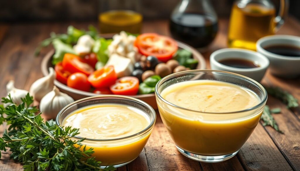 A beautifully arranged spread showcasing the ingredients and preparation of a classic Greek salad dressing. In the foreground, a glass bowl filled with a vibrant, creamy dressing glistens under soft, natural light, with a cluster of fresh herbs and spices like oregano and garlic next to it. In the middle, sliced olives, crumbled feta cheese, and ripe tomatoes are artistically displayed, hinting at their inclusion in the dressing. The background features a rustic wooden table, with a bottle of olive oil and a small bowl of balsamic vinegar, complementing the scene. The mood is inviting and warm, evoking a Mediterranean kitchen atmosphere, with a focus on freshness and simplicity. Shot with a shallow depth of field to emphasize the dressing's texture, creating a mouth-watering allure.