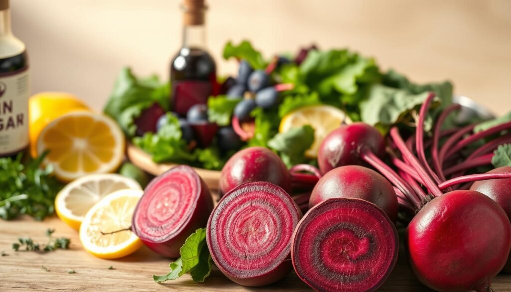 A beautifully arranged still life featuring vibrant, fresh beets as the focal point in the foreground, showcasing their rich red and purple hues. Surround the beets with a variety of complementary ingredients like lemon slices, balsamic vinegar bottles, and a drizzle of pale dressing to suggest a light, citrusy salad. In the middle ground, softly blurred greens and herbs enhance the freshness of the scene, representing healthy eating. The background includes a subtle wooden table texture, adding warmth to the composition. Soft, natural lighting streams in from the left, creating gentle shadows and highlights that emphasize the beets' glossy skin, while the overall atmosphere feels fresh and inviting, ideal for a health-focused article. The camera angle is slightly above the arrangement, capturing the beauty of the beets and accompanying ingredients.