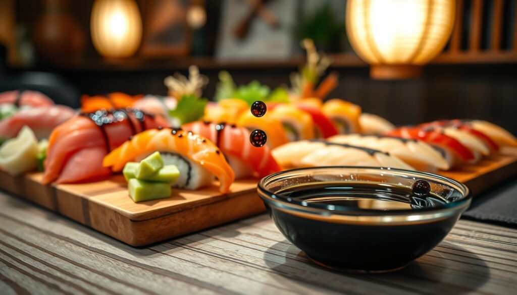 A beautifully arranged sushi platter featuring various types of sushi, complemented by a small exquisite bowl of dark soy sauce, glistening in the light. The foreground showcases the bowl of soy sauce, rich and glossy, with a subtle reflection. Fresh sushi pieces are arranged on a traditional wooden sushi board, garnished with wasabi and pickled ginger beside it. In the middle, delicate soy sauce droplets create an enticing visual, enhancing the sushi's colorful presentation. The background is softly blurred, depicting a warm, ambient Japanese dining setting with subtle wooden textures and soft lantern lighting. Capture the inviting, savory essence of sushi, emphasizing the importance of soy sauce as the fundamental flavor enhancer. The overall mood is warm and appetizing, inviting viewers to explore the delicious world of sushi.