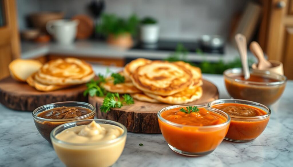 A beautifully arranged table featuring a selection of various sauces ideal for potato pancakes. In the foreground, display three small bowls of sauces: a rich mushroom sauce, a creamy garlic sauce, and a vibrant Hungarian sauce with a hint of paprika. The middle ground should have crispy golden potato pancakes placed on a rustic wooden board, surrounded by fresh herbs like parsley and dill for garnish. In the background, softly blurred, include a tasteful kitchen setting with warm wooden cabinetry and hints of cooking utensils, creating an inviting atmosphere. Utilize soft, diffused lighting to enhance the textures of the sauces and pancakes, capturing a cozy, homemade vibe. The angle should be slightly overhead, providing a clear view of the sauces and pancakes, ensuring the focus remains on the delightful culinary arrangement.