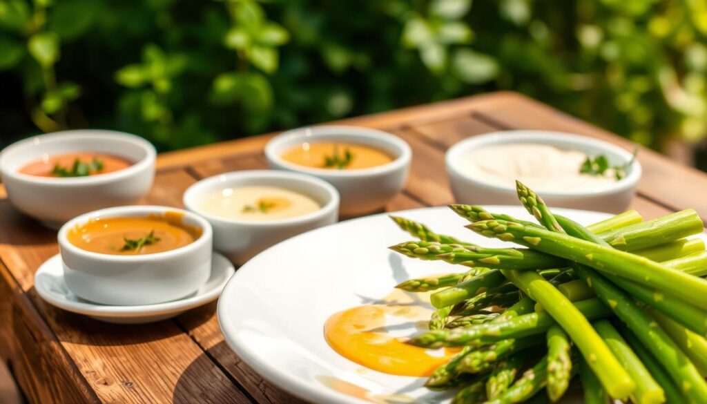 A beautifully arranged table featuring a variety of cold sauces perfect for asparagus, such as hollandaise, vinaigrette, and a creamy herb dip. In the foreground, a white ceramic plate with a serving of fresh, vibrant green asparagus spears elegantly drizzled with sauce. The middle layer shows small bowls of sauces, each with a garnish of fresh herbs, placed artfully on a rustic wooden table. In the background, soft-focus greenery or a garden scene adds a touch of natural beauty. The lighting is warm and inviting, mimicking soft sunlight, enhancing the colors and textures of the food. The mood is refreshing and sophisticated, ideal for a culinary setting, inviting viewers to savor the delightful combination of flavors.