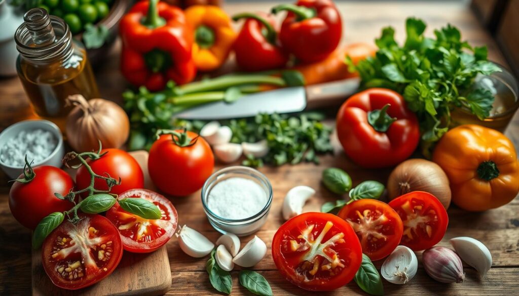 A beautifully arranged table featuring alternative ingredients for tomato sauce, with vibrant red tomatoes, fresh basil leaves, onions, garlic cloves, bell peppers, and a jar of olive oil. The foreground showcases sliced tomatoes and garlic, with a small bowl of salt and pepper nearby, invitingly placed on a rustic wooden cutting board. In the middle ground, a vibrant assortment of colorful bell peppers and fresh herbs surround a chopping knife, emphasizing freshness and flavor. The background should be softly blurred, hinting at a cozy kitchen atmosphere, with warm, natural lighting illuminating the ingredients. The mood is inviting and homely, evoking the joy of cooking. The angle should be a slightly elevated overhead shot, capturing the exquisite details of the ingredients without any text or distractions.
