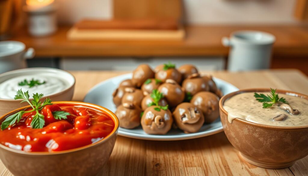 A beautifully arranged table featuring three distinct sauces accompanying meatballs. In the foreground, vibrant bowls showcase rich, red tomato sauce garnished with fresh basil, creamy dill sauce adorned with sprigs of dill, and a savory mushroom sauce highlighted with sautéed mushrooms. In the middle ground, a plate of glistening meatballs sits invitingly, drizzled with some of the sauces. The background is softly blurred to create a cozy kitchen ambiance, with warm lighting casting gentle shadows and enhancing the textures of the sauces and meatballs. The overall atmosphere is appetizing and inviting, designed to evoke a sense of culinary delight. A beautifully arranged table featuring three distinct sauces accompanying meatballs. In the foreground, vibrant bowls showcase rich, red tomato sauce garnished with fresh basil, creamy dill sauce adorned with sprigs of dill, and a savory mushroom sauce highlighted with sautéed mushrooms. In the middle ground, a plate of glistening meatballs sits invitingly, drizzled with some of the sauces. The background is softly blurred to create a cozy kitchen ambiance, with warm lighting casting gentle shadows and enhancing the textures of the sauces and meatballs. The overall atmosphere is appetizing and inviting, designed to evoke a sense of culinary delight.