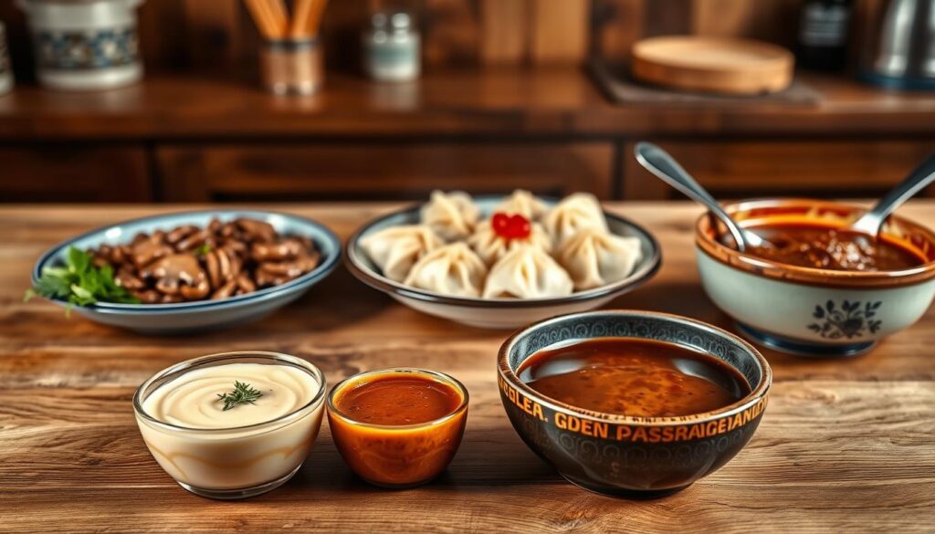 A beautifully arranged table set with various sauces designed for dumplings, emphasizing a vibrant display of colors and textures. In the foreground, a small bowl of creamy cheese sauce, swirled with fresh herbs, sits next to a rich mushroom sauce dotted with earthy mushrooms. A rustic gravy sauce in a hearty bowl complements the trio, showcasing its deep, savory color. In the middle, decorative plates of soft dumplings are adorned with each sauce, glistening under warm, soft lighting that enhances their appetizing nature. The background features a blurred wooden kitchen setting, suggesting a cozy, inviting atmosphere, with hints of cooking utensils and ingredients. The overall mood is warm and appetizing, inviting the viewer to explore the delicious variations of sauces for dumplings.