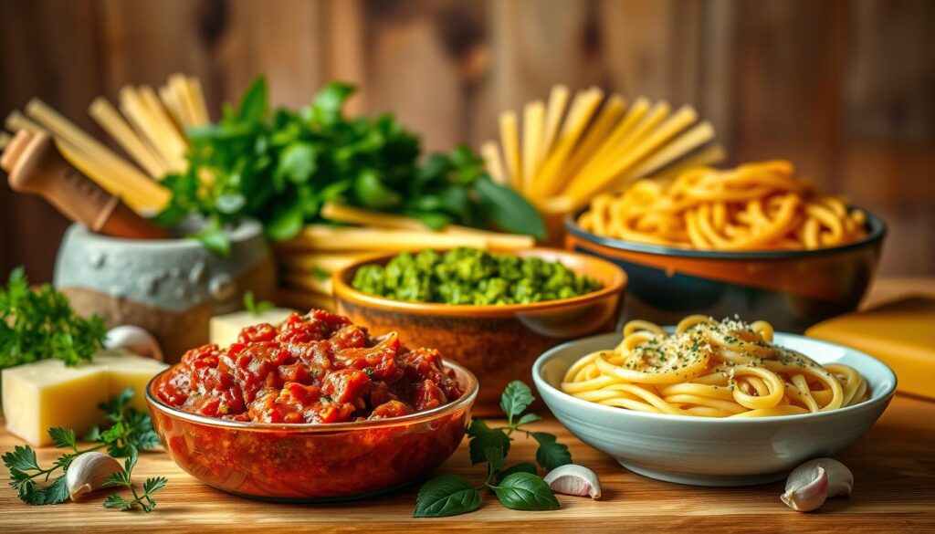 A beautifully arranged table showcasing a variety of classic pasta sauces: a vibrant bowl of Bolognese sauce with rich, meaty texture, a fresh green pesto in a rustic mortar, and a creamy carbonara, elegantly served in a pasta bowl. In the foreground, the sauces are accompanied by a selection of fresh herbs, Parmesan cheese, and garlic cloves for added detail. The middle background features assorted pasta shapes, like spaghetti and penne, elegantly draped around the sauces. Soft, warm lighting creates a cozy, inviting atmosphere, enhancing the colors and textures of the sauces. A blurred wooden kitchen backdrop adds warmth and homeliness to the scene, focusing attention on the delicious sauces. The composition should evoke a sense of culinary delight and inspire viewers to explore these classic recipes.