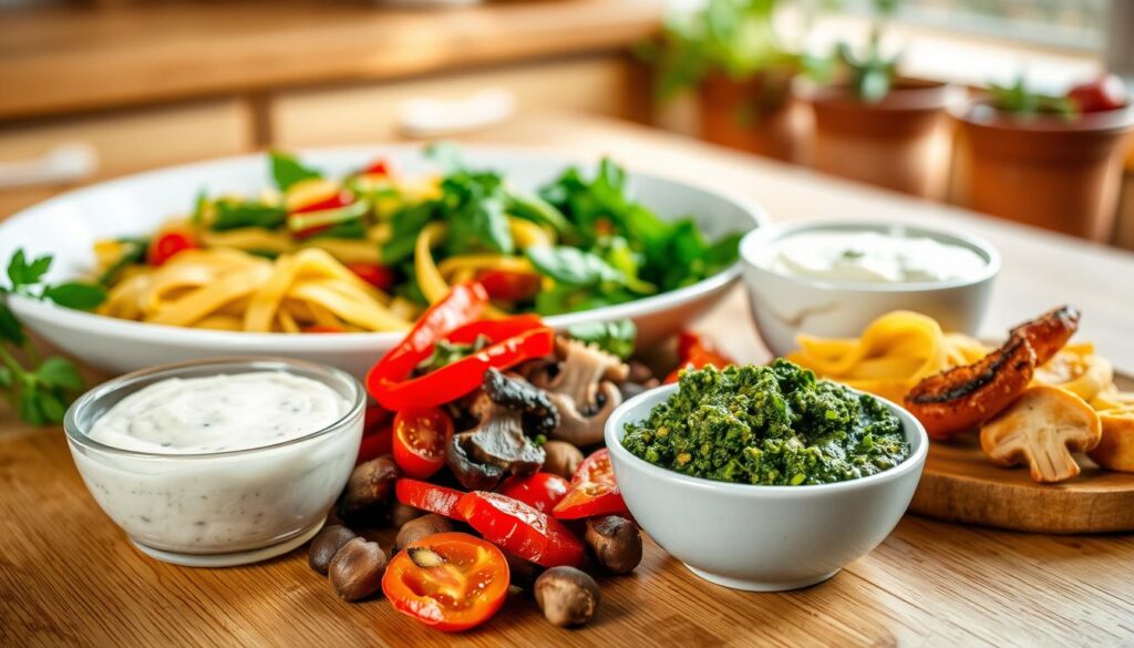 A beautifully arranged table showcasing alternative pasta sauces, emphasizing vibrant and fresh ingredients. In the foreground, a small bowl filled with a rich, green pesto made from kale and nuts, beside it, a creamy white sauce made from cashews and herbs. The middle ground features a colorful spread of various vegetables like roasted red peppers, sun-dried tomatoes, and earthy mushrooms, artistically placed near a dish of whole-grain pasta. The background is softly blurred, hinting at a warm, inviting kitchen atmosphere with wooden countertops and herbs in pots. Soft, natural lighting bathes the scene, highlighting the textures and colors of the sauces and ingredients, creating a cozy culinary ambiance. A beautifully arranged table showcasing alternative pasta sauces, emphasizing vibrant and fresh ingredients. In the foreground, a small bowl filled with a rich, green pesto made from kale and nuts, beside it, a creamy white sauce made from cashews and herbs. The middle ground features a colorful spread of various vegetables like roasted red peppers, sun-dried tomatoes, and earthy mushrooms, artistically placed near a dish of whole-grain pasta. The background is softly blurred, hinting at a warm, inviting kitchen atmosphere with wooden countertops and herbs in pots. Soft, natural lighting bathes the scene, highlighting the textures and colors of the sauces and ingredients, creating a cozy culinary ambiance.