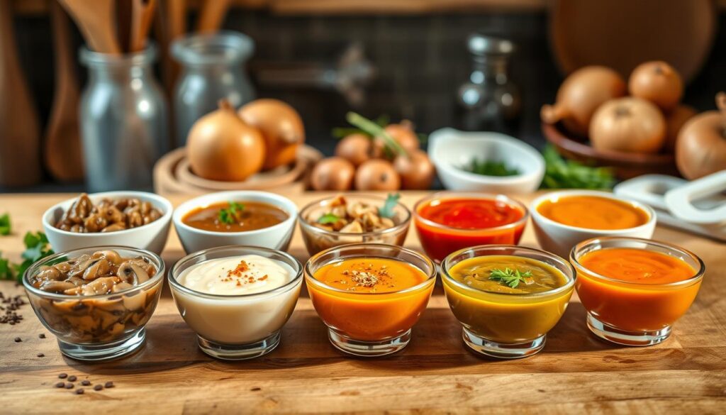 A beautifully arranged table showcasing seven different sauces for potato pancakes, artfully displayed in small, elegant bowls. The foreground features rich mushroom sauce, creamy garlic sauce, and vibrant Hungarian sauce, each with unique textures and colors. In the middle, delicate garnishes such as fresh herbs and spice sprinkles accentuate the sauces. The background softly blurs to reveal a rustic kitchen setting, with wooden utensils and fresh ingredients like onions and potatoes, hinting at the cooking process. Warm, natural lighting enhances the inviting atmosphere, casting a gentle glow over the scene. The image captures the essence of Polish cuisine, focusing on the lively colors and appetizing textures of the sauces, encouraging viewers to explore their flavors.