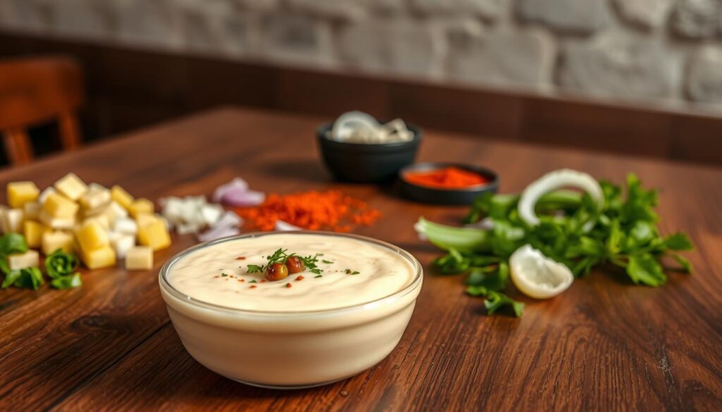 A beautifully arranged table showcasing the ultimate burger sauce, with a focus on a small bowl filled with creamy, thick sauce in the foreground. The sauce is garnished with fresh herbs and spices, creating a vibrant contrast against the textured wooden table. In the middle ground, there are neatly arranged ingredients used to enhance the sauce, like diced pickles, chopped onions, and a sprinkle of paprika, artistically placed around the bowl. In the background, soft, diffused lighting enhances the inviting atmosphere, casting gentle shadows that accentuate the freshness of the ingredients. The ambiance is cozy and rustic, ideal for a burger joint vibe, invoking a sense of culinary creativity and deliciousness. The angle is slightly elevated, giving a clear view of the sauce and its accompaniments.