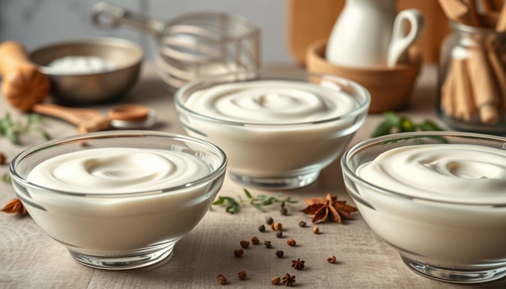 A beautifully arranged table showcasing three different types of cream: 12%, 18%, and 30%, each in elegant glass bowls. The foreground features the bowls filled with smooth, velvety cream, with a subtle sheen that catches the light. In the middle ground, small ingredients like herbs and spices are artfully scattered around, hinting at their culinary uses. The background includes soft-focus kitchen utensils, such as a whisk and measuring cups, enhancing the cooking theme. Soft, warm lighting creates a cozy atmosphere, and the image is captured with a shallow depth of field to emphasize the cream's texture. The overall mood is inviting and informative, perfect for a culinary context. No text or branding elements are present.