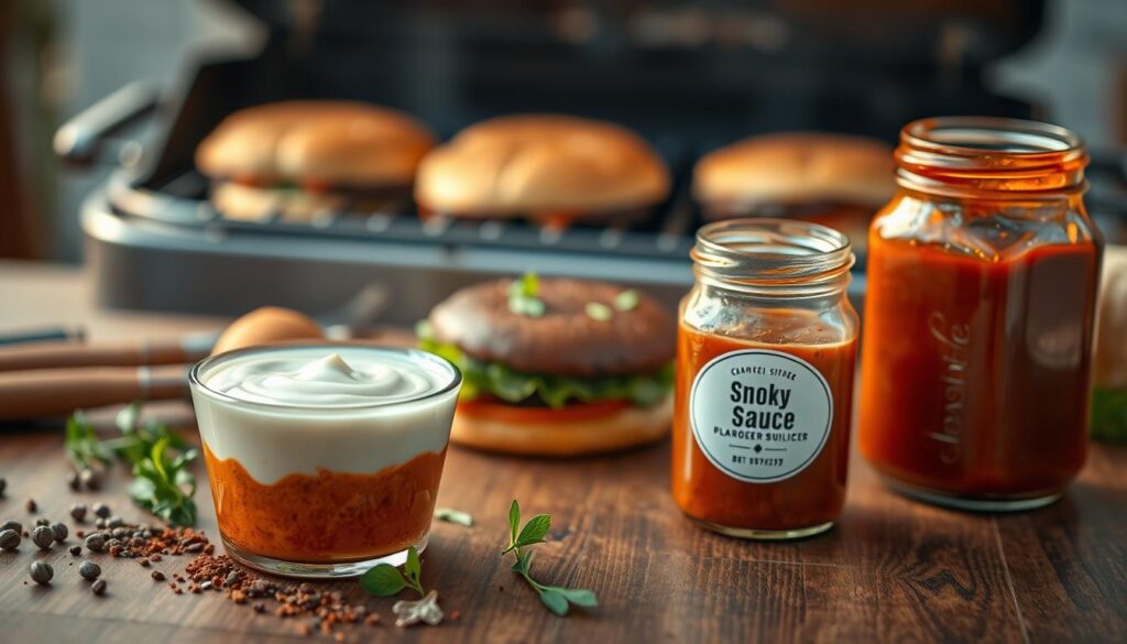 A beautifully arranged tabletop featuring three distinct burger sauces: a classic creamy mayonnaise-based sauce in a small bowl, a vibrant, spicy chili sauce with a rich red hue, and a smoky BBQ sauce in a rustic jar. Each sauce is presented with fresh herbs, and spices artfully scattered around them. The foreground focuses on the sauces, while the middle of the image captures an inviting backdrop of freshly grilled burgers and toasted buns, with a subtly blurred barbecue grill in the background. Soft, warm lighting casts a golden tone, creating a cozy, outdoor grilling atmosphere. The shot is taken from a slight overhead angle, emphasizing the textures and colors of the sauces and the deliciousness of the burgers. The overall mood is inviting, perfect for summer gatherings or backyard cookouts.