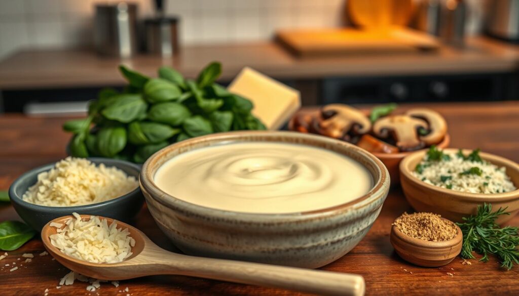A beautifully arranged tabletop scene showcasing a creamy béchamel sauce, rich and velvety, in a rustic ceramic bowl. Surrounding the bowl are five distinct ingredients for customization: grated cheese, fresh spinach leaves, sautéed mushrooms, finely chopped herbs, and a pinch of nutmeg. The foreground features a wooden spoon resting beside the bowl, hinting at delicious preparation. The middle-ground captures the ingredients in vibrant colors, emphasizing their freshness and textures. In the background, a softly blurred kitchen setting with warm, ambient lighting adds a cozy and inviting atmosphere. The lens captures the scene from a slightly elevated angle, drawing the eye to the delicious béchamel and its flavorful additions, conveying a homely, appetizing mood that appeals to food lovers.