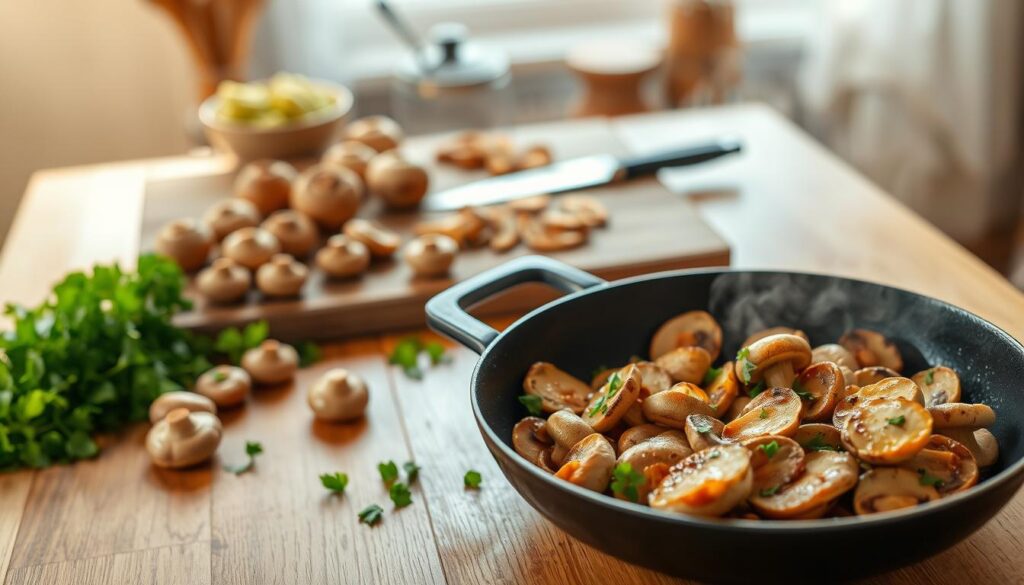 A beautifully arranged wooden kitchen table showcases an array of freshly sautéed oyster mushrooms, golden brown and glistening from the pan. In the foreground, a non-stick skillet is filled with steaming mushrooms, releasing a savory aroma. Vibrant green herbs are scattered around for garnish. In the middle, the prepping area includes a cutting board with raw mushrooms and a chef’s knife. Behind this, a softly lit kitchen setting with warm lighting enhances the cozy atmosphere. The background features blurred kitchen utensils and a window with soft natural light streaming in, creating an inviting, homely feel. Emphasize the textures of the mushrooms, the shimmer of the oil, and the warmth of the lighting for a mouth-watering look. A beautifully arranged wooden kitchen table showcases an array of freshly sautéed oyster mushrooms, golden brown and glistening from the pan. In the foreground, a non-stick skillet is filled with steaming mushrooms, releasing a savory aroma. Vibrant green herbs are scattered around for garnish. In the middle, the prepping area includes a cutting board with raw mushrooms and a chef’s knife. Behind this, a softly lit kitchen setting with warm lighting enhances the cozy atmosphere. The background features blurred kitchen utensils and a window with soft natural light streaming in, creating an inviting, homely feel. Emphasize the textures of the mushrooms, the shimmer of the oil, and the warmth of the lighting for a mouth-watering look.