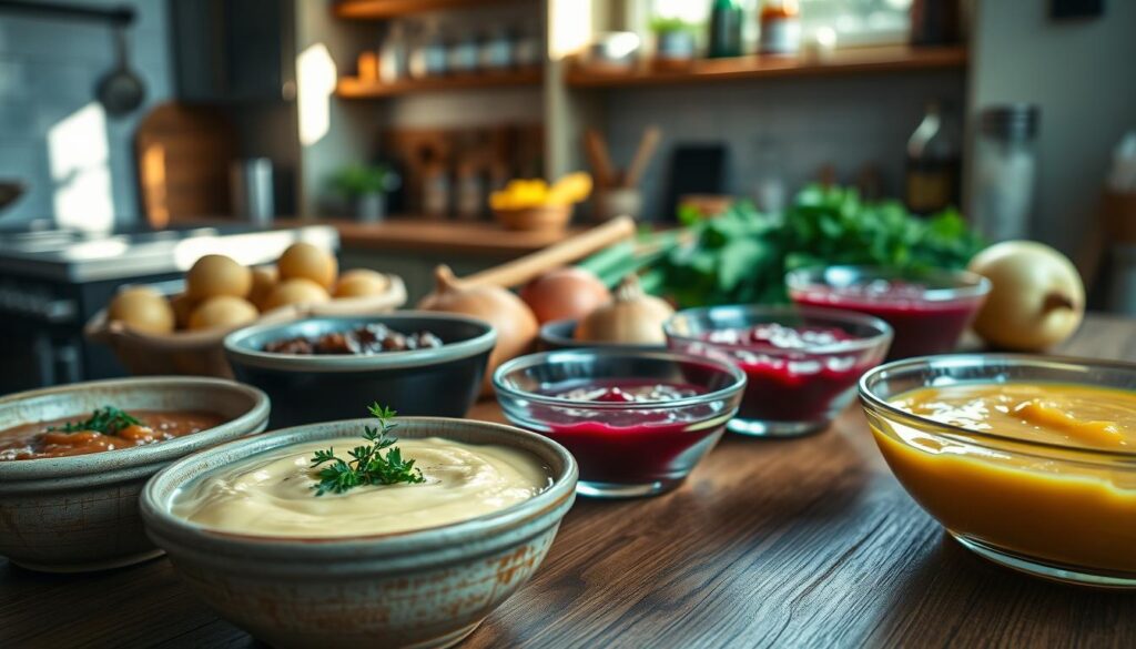 A beautifully arranged wooden table set with several bowls of different sauces ideal for serving with potato pancakes. In the foreground, a rich, creamy sauce is in a rustic ceramic bowl, garnished with a sprinkle of fresh herbs. Next to it, a tangy apple sauce gleams in a glass dish, reflecting light, while a vibrant beetroot sauce adds a pop of color. In the middle ground, a softly lit kitchen setting shows kitchen utensils, fresh ingredients like potatoes and onions, creating a warm, inviting atmosphere. The background features subtle wooden shelves filled with jars of spices and herbs. Natural light streams in from a nearby window, casting a soft glow over the scene, evoking a cozy, home-cooked feel. The overall mood is appetizing and homey, perfect for showcasing these delicious sauces. A beautifully arranged wooden table set with several bowls of different sauces ideal for serving with potato pancakes. In the foreground, a rich, creamy sauce is in a rustic ceramic bowl, garnished with a sprinkle of fresh herbs. Next to it, a tangy apple sauce gleams in a glass dish, reflecting light, while a vibrant beetroot sauce adds a pop of color. In the middle ground, a softly lit kitchen setting shows kitchen utensils, fresh ingredients like potatoes and onions, creating a warm, inviting atmosphere. The background features subtle wooden shelves filled with jars of spices and herbs. Natural light streams in from a nearby window, casting a soft glow over the scene, evoking a cozy, home-cooked feel. The overall mood is appetizing and homey, perfect for showcasing these delicious sauces.